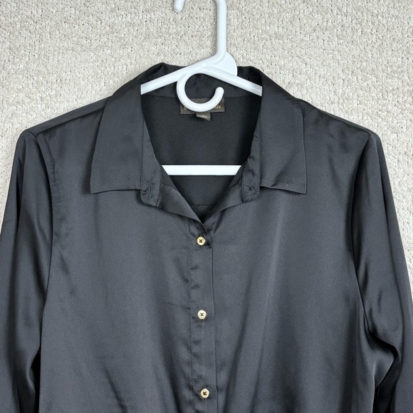 Bold‎ Elements Top Womens Lg Black Satin Button Down Tie Front Office Career - Picture 2 of 9